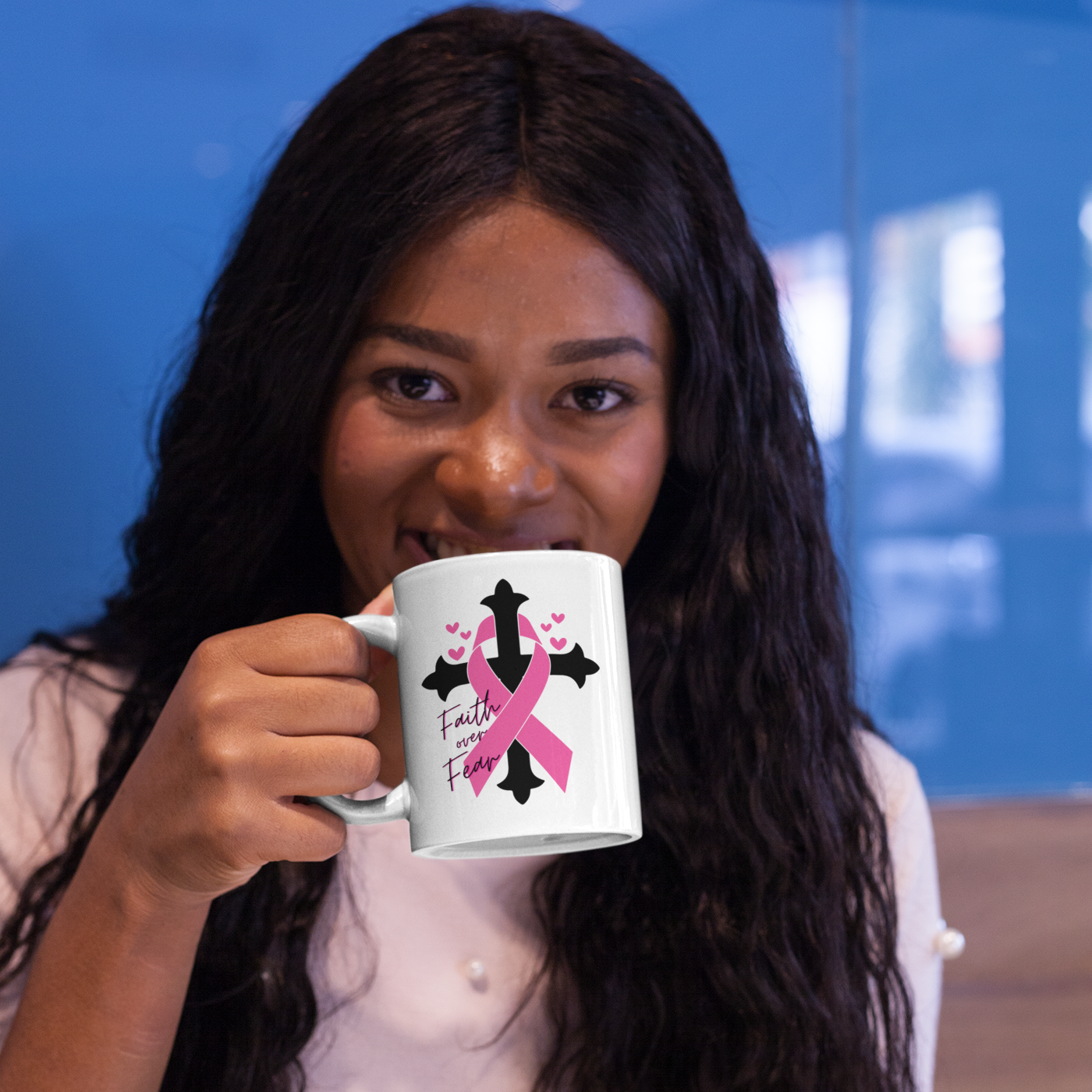 Breast Cancer - Faith over Fear - White Ceramic 15 oz. Coffee mug