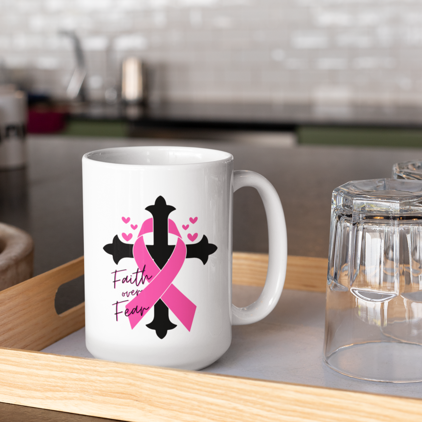 Breast Cancer - Faith over Fear - White Ceramic 15 oz. Coffee mug